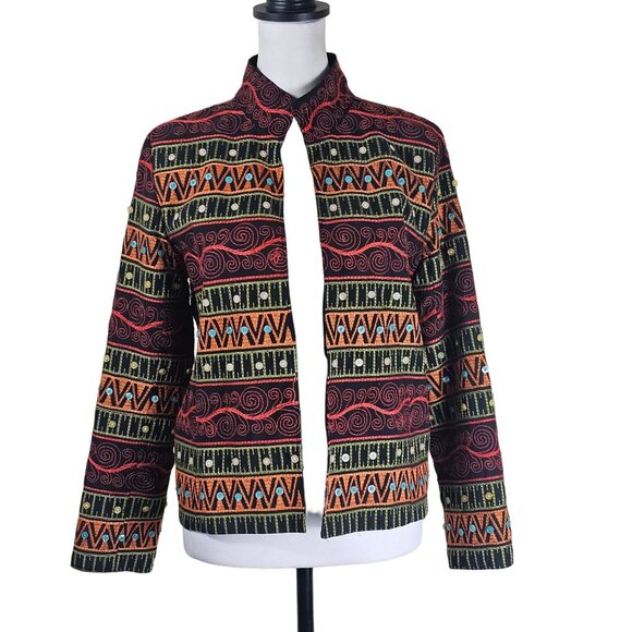VTG Silk Club Eclectic Silk Jacket Sz PM Colorful Artsy Button Accents Open - Picture 1 of 9